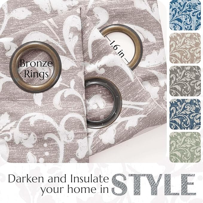 jinchan Blackout Curtains for Bedroom, Taupe Grey Scroll Floral Patterned Curtains 72 Inch Length for Living Room, Vintage Art Deco Drapes, Thermal Insulated Window Curtains Grommet 2 Panels