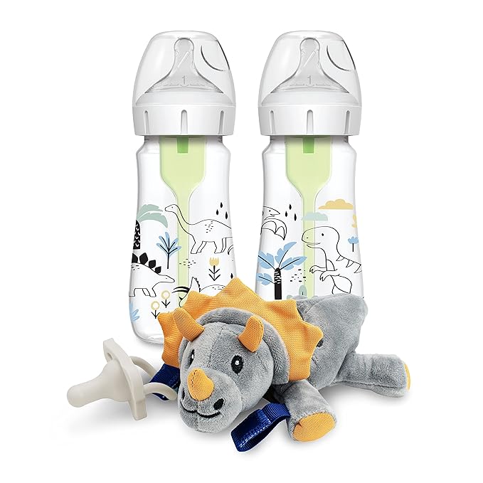Dr. Brown's Natural Flow® Anti-Colic Options+™ Wide-Neck Baby Bottle, Dino Design, 9oz/270mL, Level 1 Nipple, 2-Pack, 0m+ with Lovey Pacifier Holder with Silicone HappyPaci, Triceratops, 0-12m
