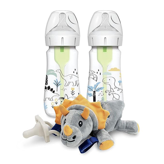 Dr. Brown's Natural Flow® Anti-Colic Options+™ Wide-Neck Baby Bottle, Dino Design, 9oz/270mL, Level 1 Nipple, 2-Pack, 0m+ with Lovey Pacifier Holder with Silicone HappyPaci, Triceratops, 0-12m