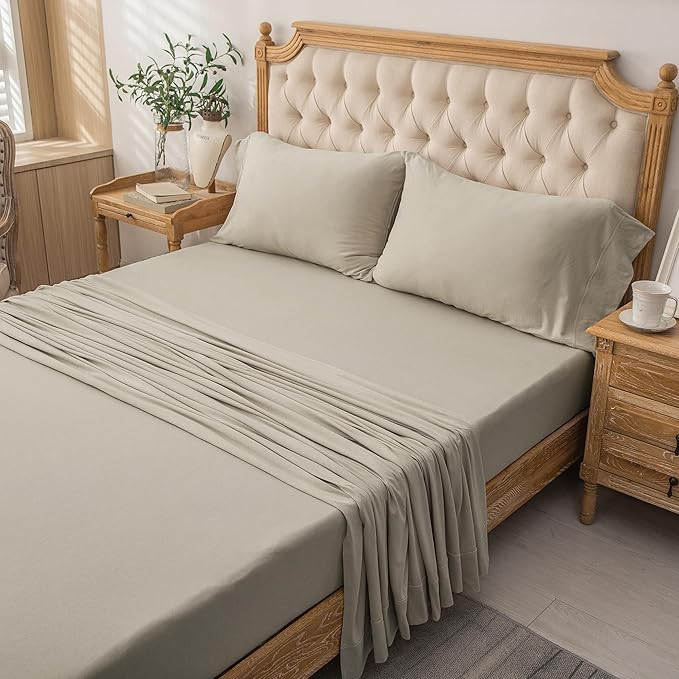 PURE ERA Jersey Knit 4pc Bed Sheet Set 100% T-Shirt Heather Cotton Super Soft Comfy Breathable Fits Mattress Up to 20" Extra Deep Pocket (Dark Beige,Cal King)