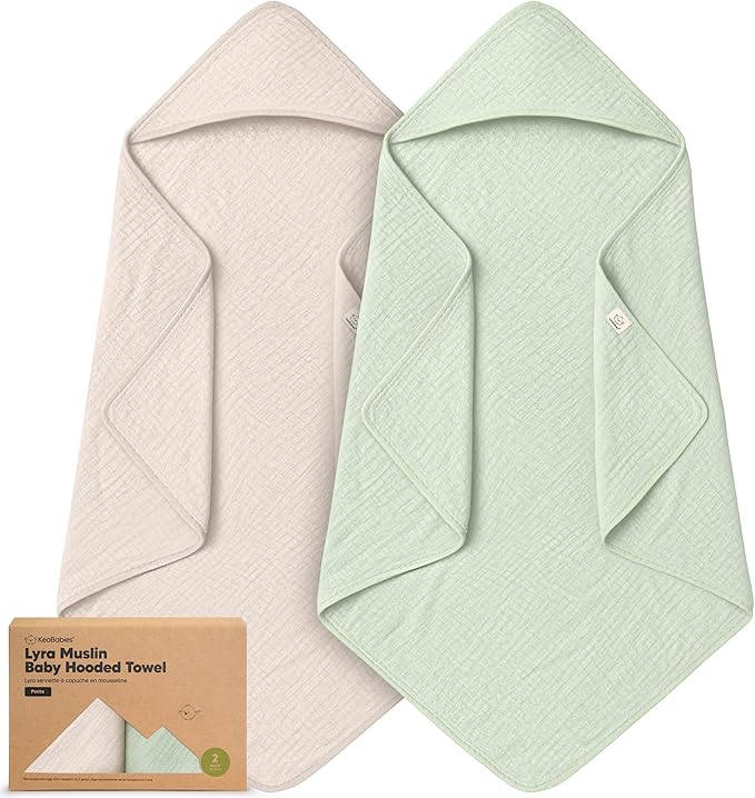 KeaBabies Muslin Hooded Baby Towels for Newborn Girls, Boys - 2-Pack, 30x30 Organic Cotton Baby Bath Towels Hooded, Soft Absorbent, Toddlers, Kids, Infant, Newborn Bath Essentials (Sage, Petite)