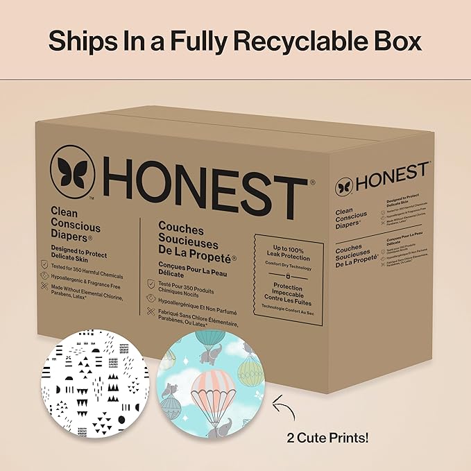 The Honest Company Comfort Dry Disposable Diapers for Sensitive Skin, Hypoallergenic, Above It All + Pattern Play, Super Club Box Size 1 (8–14 lbs) 136