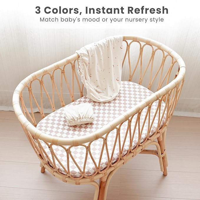 Konssy 3 Pack Stretchy Bassinet Sheets for Baby Girl Boy, Soft Breathable Baby Bassinet Mattress Sheets Fit for Hourglass Oval Cradle, Moses Basket Rectangle Mattress (Coffee Check)