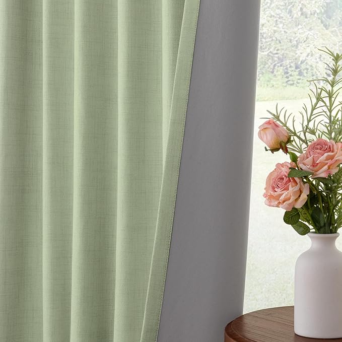 INOVADAY 100% Blackout Curtains for Bedroom, Black Out Curtains 84 Inch Long, Clip Rings Linen Blackout Drapes, Thermal Insulated Room Darkening for Living Room, 1 Panel - Sage,W102xL84