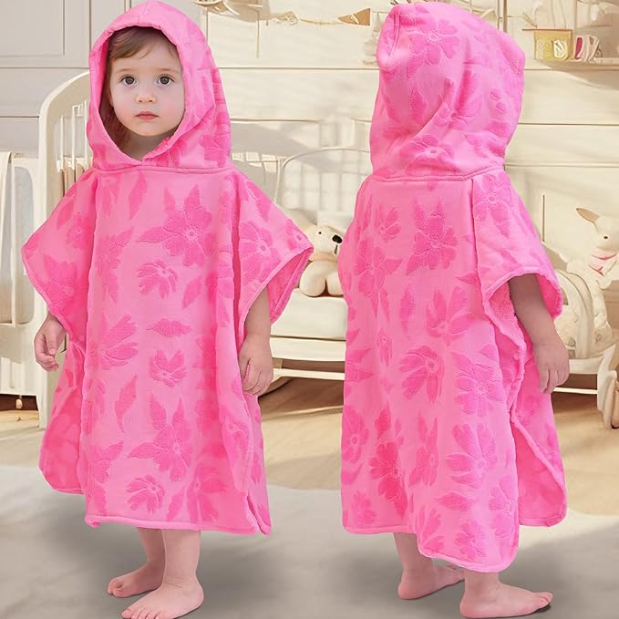 Toddler Bath Towels with Hood, Oversized (2-4Years,22"X22") Made from 100% Soft Cotton,Absorbent Hooded Poncho Towel for Baby Girl,Perfect for Pool | Swimming | Bath | Beach,Jacquard Hot Pink Flower