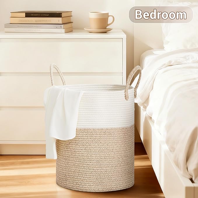 Tall Laundry Basket with Handles, 53L Portable Dirty Clothes Hamper, Boho Cotton Rope Storage Bin for Blankets Kids Toys Gifts, Decorative Organizer for Baby Nursery Bedroom Bathroom, Brown