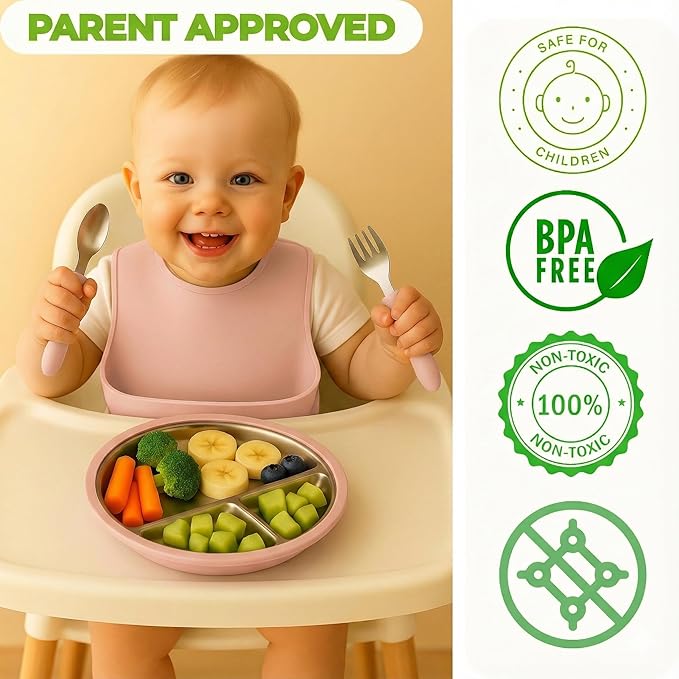 Stainless Steel Toddler Plate with Suction Set of 2, 8” Divided Plates with Removable Silicone Sleeves for Kids, Non Toxic & BPA Free | Non Slip | Unbreakable Baby Dishes, (Tofu & Pearl Blush)