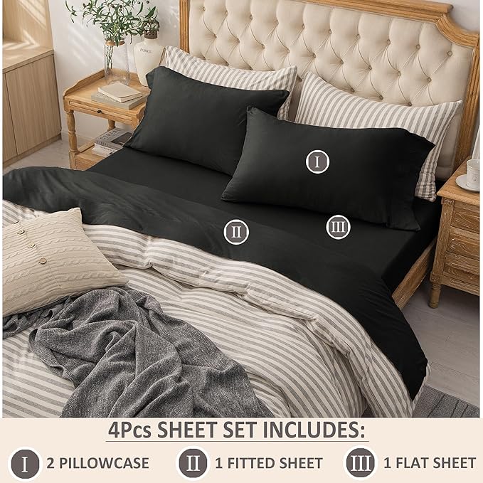 PURE ERA Jersey Knit 4pc Bed Sheet Set 100% T-Shirt Cotton Super Soft Comfy Breathable Fits Mattress Up to 20" Extra Deep Pocket (Solid Black, Cal King)