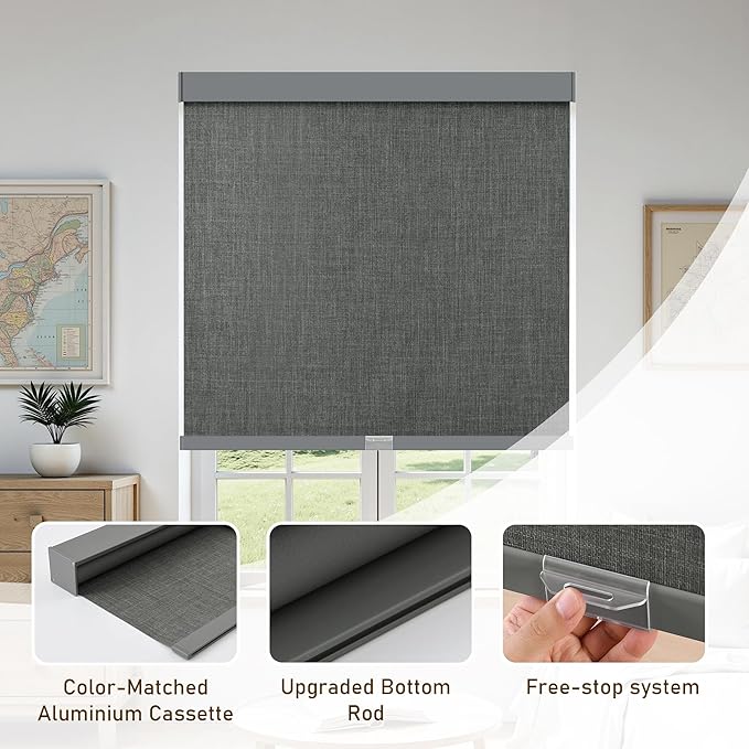 AOSKY Linen Roller Blinds Shades for Indoor Windows Pull Down Cordless Blackout Black Out Window Shade 49 Inch Blinds for Home Dark Grey