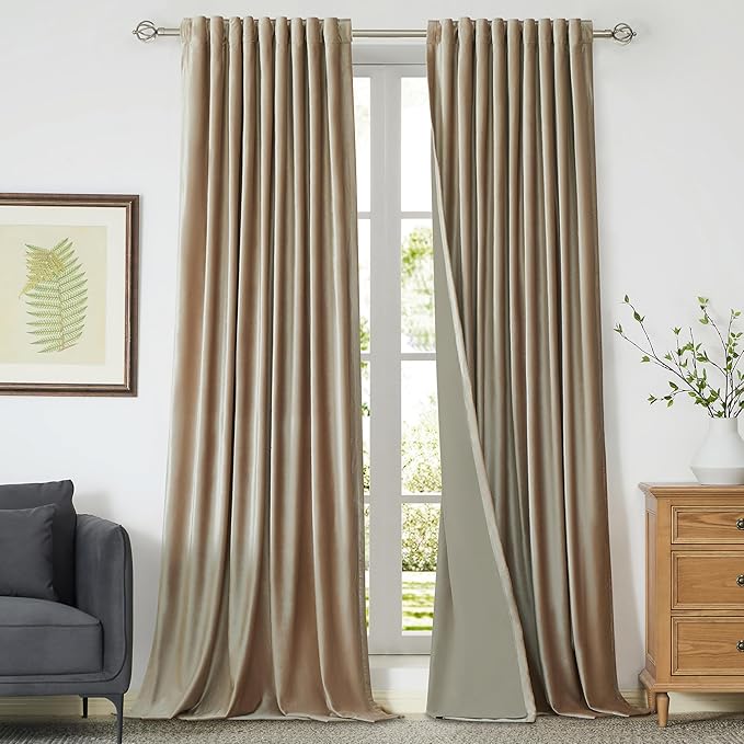 PRIMROSE Full Blackout Champagne Beige Velvet Curtains 102 inch Long for Living Room,2 Panels Liner Rod Pocket Back Tab Thermal Window Curtains Room Darkening Curtain Drapes for Bedroom