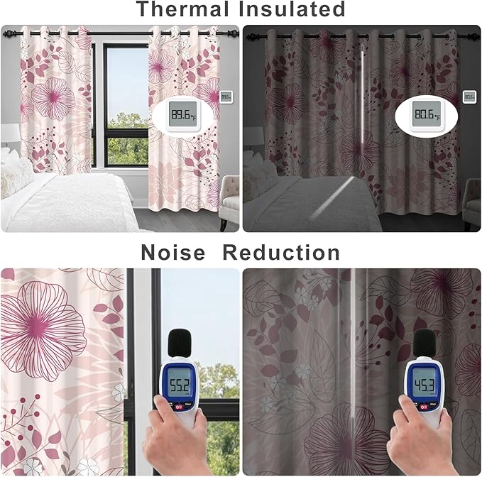 Blackout Curtains for Girls Bedroom, Pink Floral Black Out Curtains for Living Room Nursery 84 Inch Length 2 Panels Set, Room Darkening Grommet Thermal Curtains Farmhouse Soundproof Window Drapes