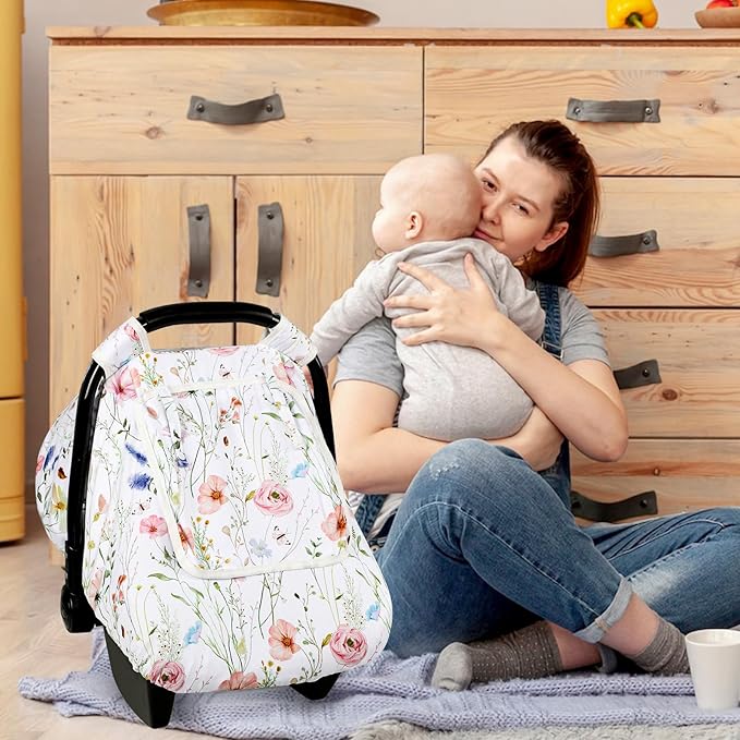 Car Seat Cover Baby, Anti-Kick Carseat Covers Baby Girl, Warm Minky Infant Car Seat Canopy with Mesh Window, Multi-Use Cover Protecting Baby from Wind, Sun, Strangers, White Flowers