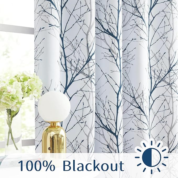 FMFUNCTEX 100% Blackout Curtains for Bedroom, Blue White Tree Curtains 84 Inches Long for Living Room, Grey Farmhouse Room Darkening Window Curtains for Summer Winter 2 Panels Grommet Top