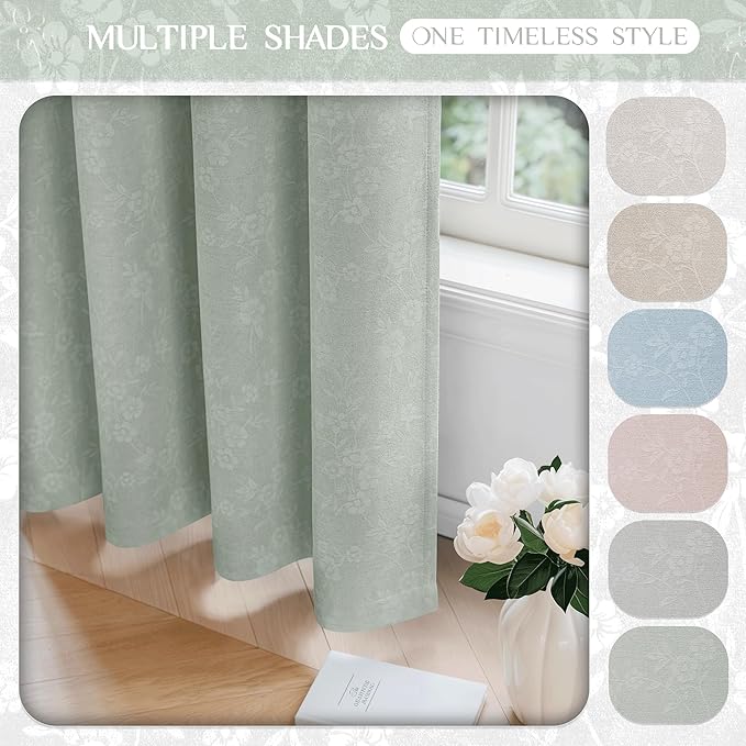 Beauoop Green Floral Jacquard Blackout Curtains 84 Inches Long 2 Panels for Living Room Bedroom Chenille Flower Room Darkening Thermal Insulated Soundproof Grommet Window Drapes, 52x84 Set of 2
