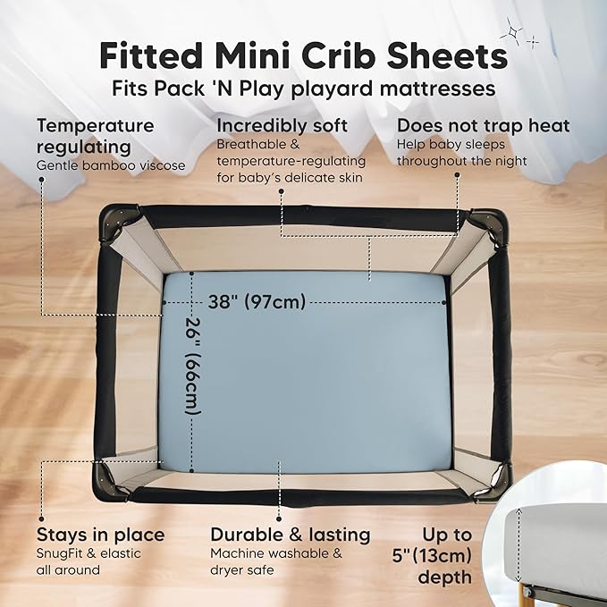 Pack and Play Sheets Fitted - 2-Pack Mini Crib Sheets for Pack N Play Mattress 38x26, Soft & Cozy, Neutral Toddler Playard Bedding, Snug Fitted Mini Baby Crib Mattress Cover Boy, Girl (Steel)