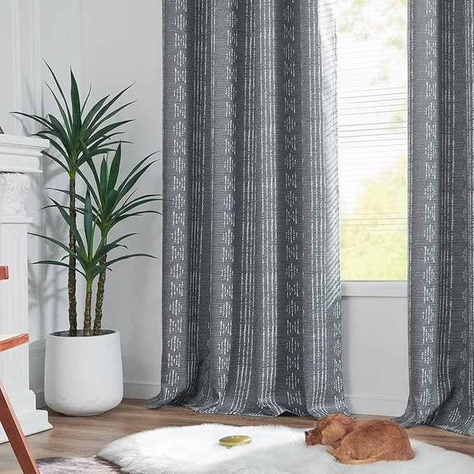 jinchan 95% Blackout Boho Curtains 96 Inch Length for Bedroom White on Grey Geometric Printed Grommet Top Room Darkening Thermal Insulated Window Drapes 2 Panels