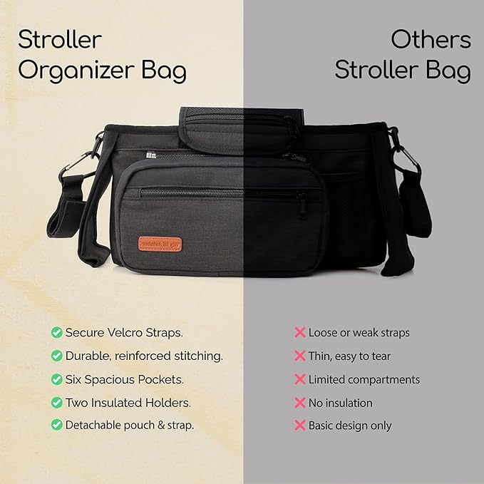 Universal Stroller Organizer Bag with 2 Insulated Cup Holder, Durable Detachable Phone Bag and Shoulder Strap – Fits for Pet Stroller Caddy, Uppababy, Baby Jogger, Britax, Doona, Nuna