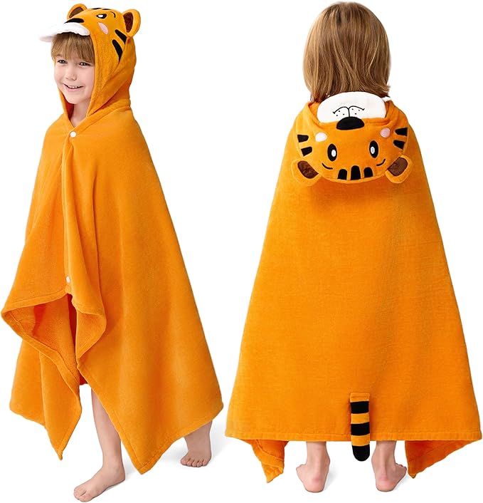 Joiedomi Hooded Towel for Kids Soft 100% Cotton Bath Beach Towel 30" x 50" for Kids 3-10 Years Toddler Pool Poncho with Hood Absorbent Swim Wrap for Boys Girls Yellow Tiger