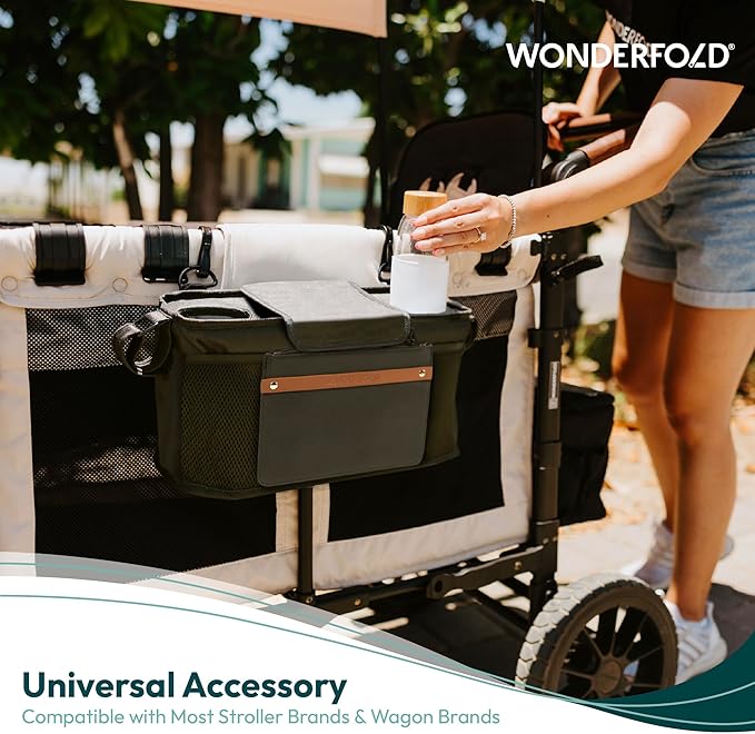 WONDERFOLD Universal Parent Console Stroller Organizer with Insulated Cup Holders, Hook & Loop Closure Handle Attachment, 2 Storage Pockets, Removable Shoulder Strap for Easy Transport