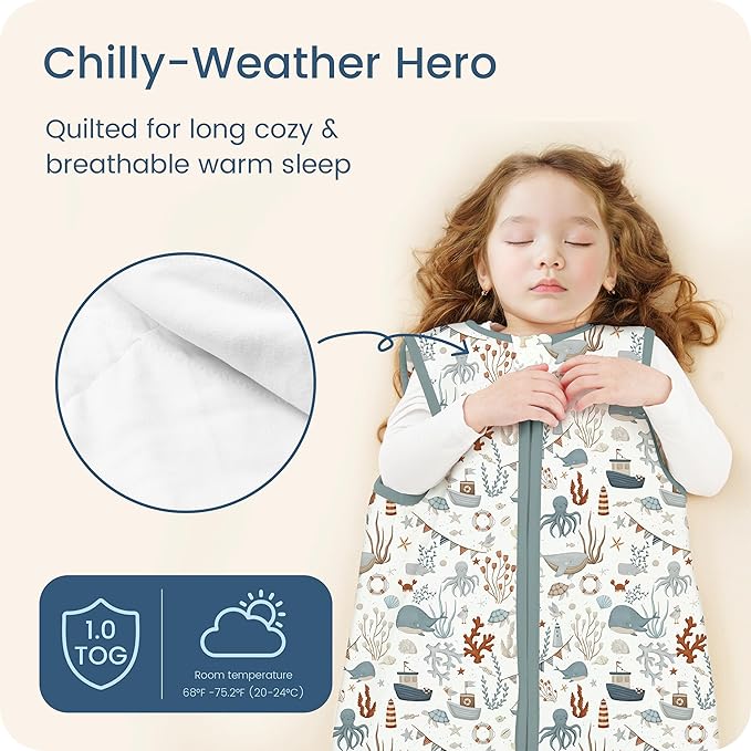 TOTBASIC 1.0 TOG Sleep Sack 6-12-15 Months, Baby Sleep Sack with Sleeveless, Cozy Premium Baby Wearable Blanket with 2-way Safe Zipper All Season Sleeping Bags, 1-pack