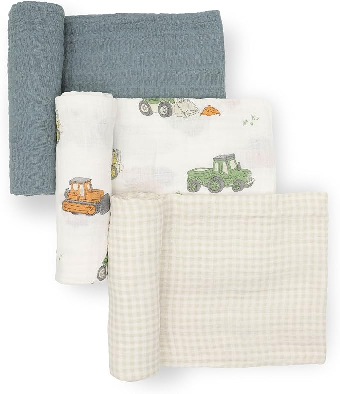 Little Unicorn Premium Muslin Swaddle Blanket 3 Pack | for swaddling, Play, Nursing & More | Giftable Set of 3 (Work Trucks)