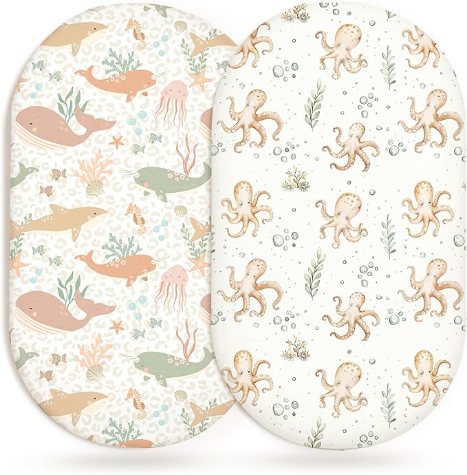 Bassinet Sheets for Baby Girls Boys 2 Pack, Fitted Baby Mattress Sheet for Rectangle, Oval, Hourglass Bassinet Mattress, Breathable Cozy & Universal Fit (Aqua Wonders)