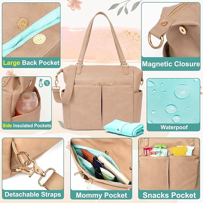 MOMINSIDE Diaper Bag Tote, Leather Diaper Bag Backpack with 14 Pockets, Convertible Baby Bag for Boys Girls, Baby Registry, Changing Pad, Large 4 Insulated Pockets (Camel)