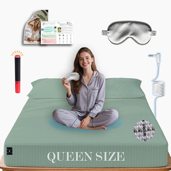 Ali King Grounding Sheets - Queen Size, Soft Cotton with Silver Fiber, 15'' Deep Pocket Earth Grounding Fitted Bed Sheets for Improved Sleep (Green, Queen 60''*80''*15'')