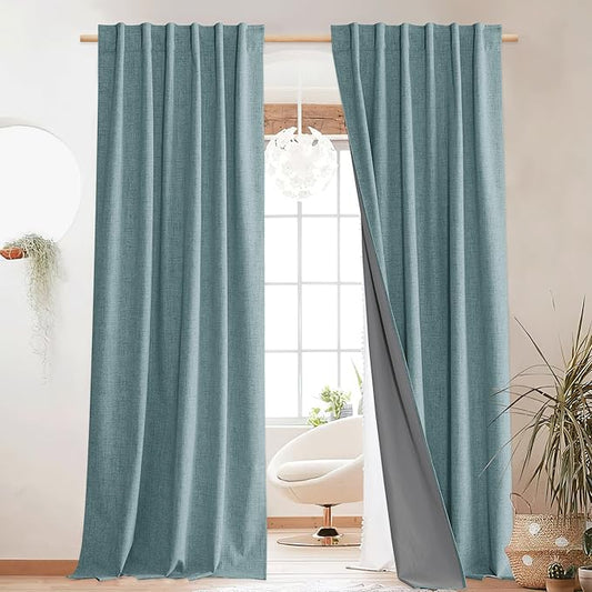 NICETOWN Full Blackout Skylark Blue Linen Curtains 102" Length with Thermal Insulated Liners for Living Room, Farmhouse Style Keep Cool & Warm Large Window Drapes for Hall (2 Panels, 52" Wide)