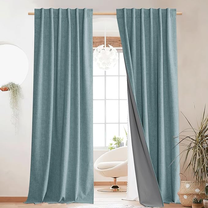 NICETOWN Full Blackout Skylark Blue Linen Curtains 108" Length with Thermal Insulated Liners for Living Room, Farmhouse Style Keep Cool & Warm Large Window Drapes for Hall (2 Panels, 52" Wide)
