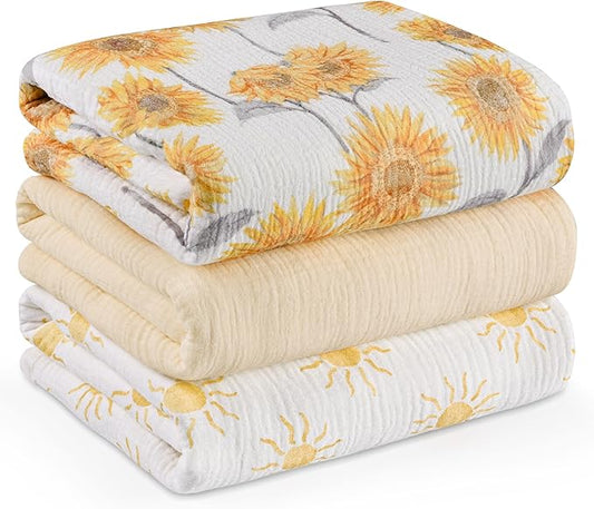 Muslin Swaddle Blankets for Newborn, 3 Pack Breathable Soft Receiving Blanket, Large 38 x 40 inches Swaddle Wrap Burping Clothes, Essentials Infant Shower Items, Toddler Gift (Sunflower)