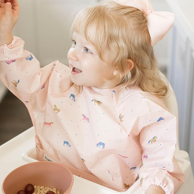 Tiny Twinkle Long Sleeve Bib for Babies & Toddlers | Waterproof Smock Bib for Eating | Machine Washable & Mess-Proof Feeding Essentials | Newborn Shower Gift (Unicorn Confetti, 6–24M)