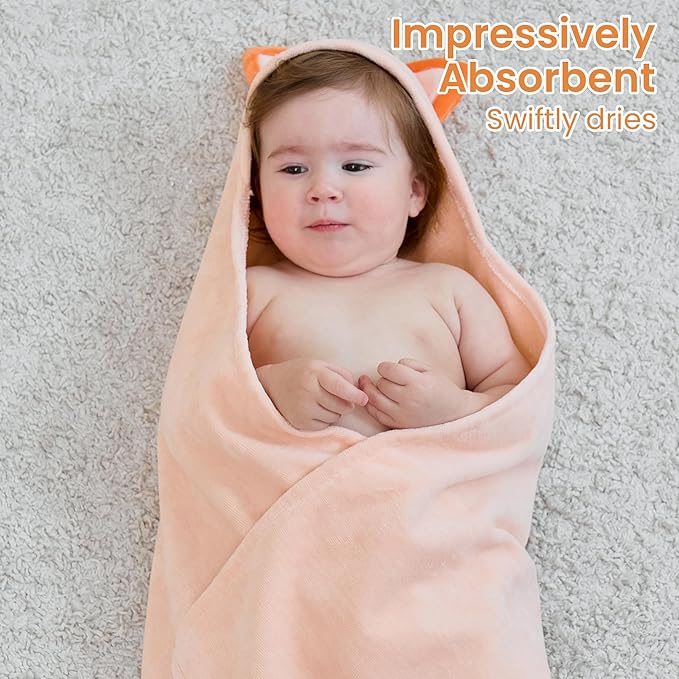 Mooreeke 2 Pack Toddler Towels - 100% Cotton Toddler Hooded Towels - Soft Baby Bath Towel with Hood for Newborn - Comfort Towel for Baby Girls and Boys - Animal Shaped (Fox & Cat)