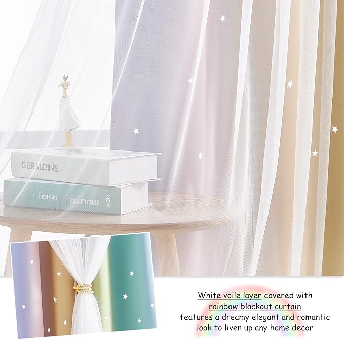 NICETOWN Rainbow Curtains for Baby, Kids Room Decor for Girls, Starry Drapes Overlapped with Tulle, Romantic Princess Decor for Girls (1 Pair = 104 inches Wide, Rainbow-3, 4 Tiebacks Included)