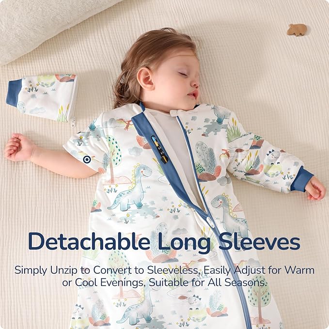 Baby Sleep Sack 18–24 Months, 2.5 TOG Warm Cotton Sleep Sack with Detachable Long Sleeves, Winter Wearable Blanket for Cold Nights, 2-Way Zipper Toddler Sleeping Sack, Dinosaur
