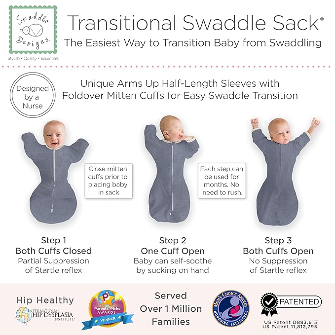SwaddleDesigns Transitional Swaddle Sack, Arms Up Half-Length Sleeves & Mitten Cuffs, Swaddle for Newborn Transition to Baby Sleep Sack Wearable Blanket, Small, 0-3 Month, 6-14 lb, Heathered Denim