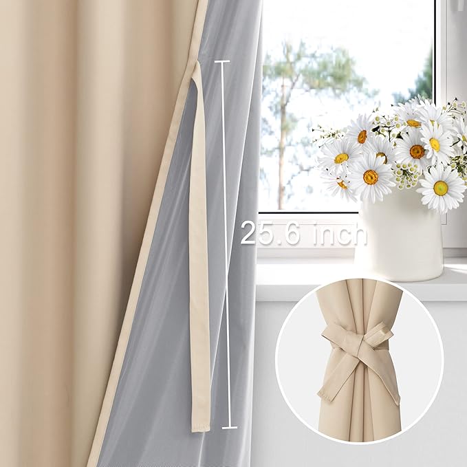 XWZO 100% Blackout Curtain Panels - Thermal Insulated Black Liner Curtains, Noise Reducing and Heat Blocking Drapes for Hall and Studio Windows with Tiebacks, Biscotti Beige, W52 x L63, Set of 2