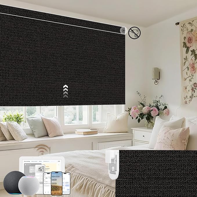 Kincmo No Drill Motorized Blinds with Remote, 100% Blackout Roller Shades for Windows, Custom Electric Blinds Compatible with Alexa, Apple Homekit, Google Home (100% Blackout Eclipse Black)