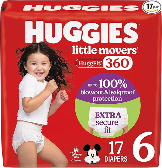 Huggies Size 6 Baby Diapers, Little Movers HuggFit 360° Baby Diapers with 360° Waistband, Size 6 (35+ lbs), 17 Count, Packaging May Vary