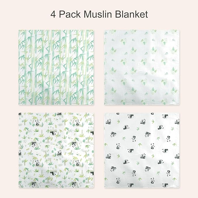 4-Pack Baby Swaddle Blankets, Soft & Breathable Muslin Swaddle for Newborns, 47 x 47 Inches, Unisex, Panda & Bamboo Forest Prints