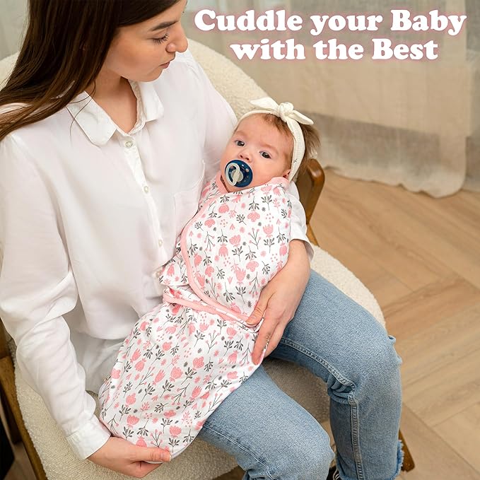 Bublo Baby Organic Swaddles for Newborns – Zipper Swaddles 0-3 Months, 3-Pack – Infant Sleep Sack with Zipper – Adjustable & Breathable Swaddle Blanket Wrap for Newborn Girls, Pink Flowers