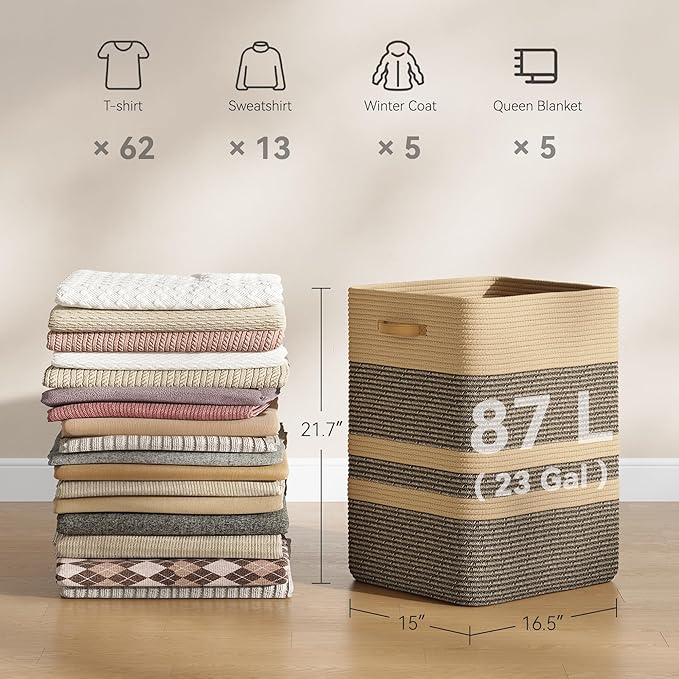 87L Laundry Hamper,Laundry Basket with Leather Handles,Woven Storage Basket for Toys,Pillows,Blankets,Clothes,Dark Brown