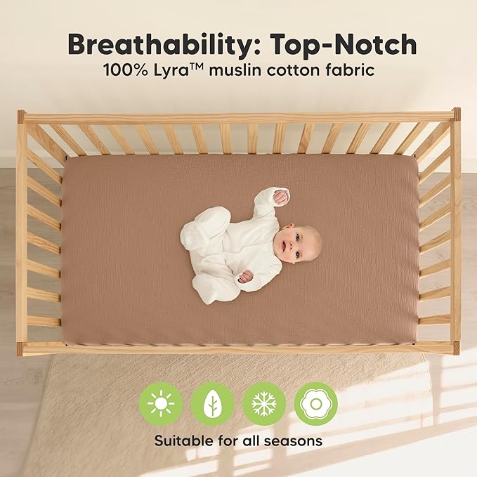 KeaBabies 2-Pack Muslin Crib Sheets for Boys, Girls - 100% Organic Cotton Fitted Baby Crib Mattress Sheet, Soft Breathable Standard Toddler Bed Cover Bedding Set, Neutral, Durable 52x28 (Russet)
