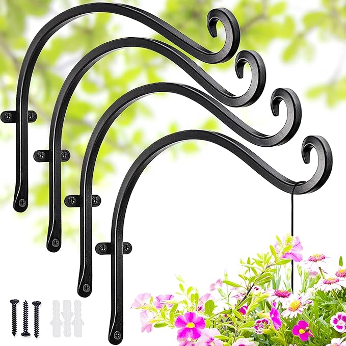 Hanging Plant Brackets Outdoor: 50lbs Weight Capacity - Hanging Bird Feeder Hangers, 12-Inch Black Metal Outdoor Wall Hooks for Heavy Plants - 4 Pack, Birdhouse, Wind Chimes