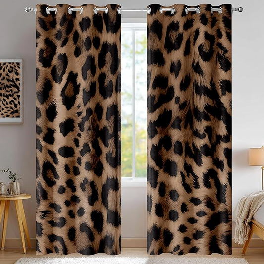 Sexy Leopard Print Blackout Curtains, Wild Animal Cheetah Print Brown Black Fur Window Drapes, Living Room Bedroom Decor 2 Panels 52x63 Inch