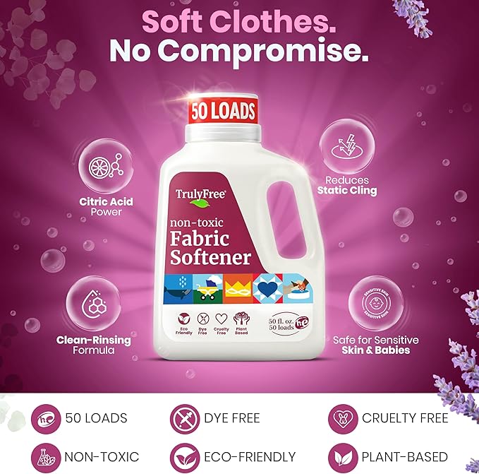 Truly Free Natural Fabric Softener | Plant-Based | Non-Toxic for Babies & Kids Sensitive Skin | Unscented Eco-Friendly Fabric Softener Conditioner | Safe, Gentle & Chemical-Free