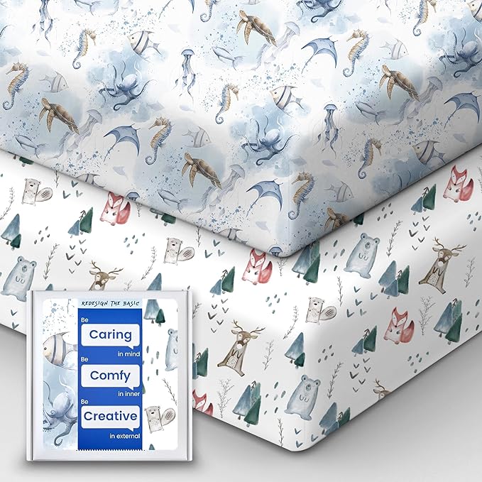 TotBasic Pack and Play Sheets Fitted, Ultra Soft Mini Crib Sheets Boy, Neutral Pack N Play Mattress Sheets Hypoallergenic and Soothing, Premium Jersey Playard Sheets, Safari Animals, 2 Pack