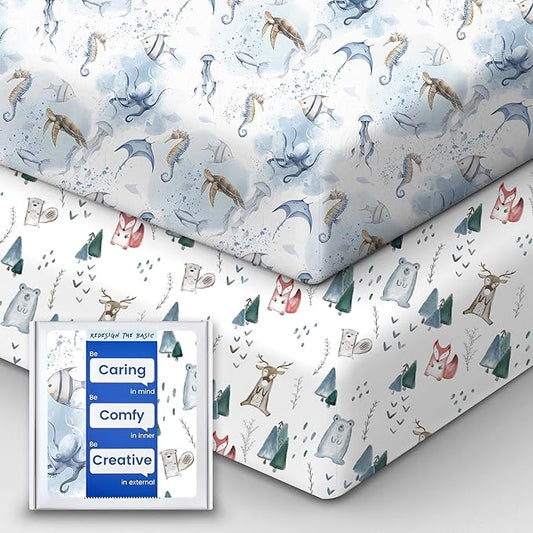 TotBasic Pack and Play Sheets Fitted, Ultra Soft Mini Crib Sheets Boy, Neutral Pack N Play Mattress Sheets Hypoallergenic and Soothing, Premium Jersey Playard Sheets, Safari Animals, 2 Pack
