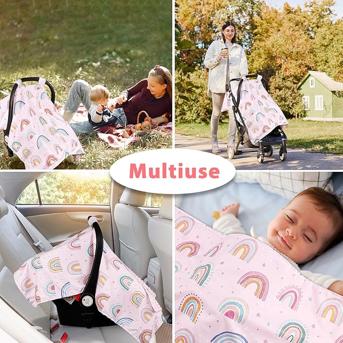 Car Seat Cover Baby, Peekaboo Opening Carseat Covers Baby Girl, Warm Minky Infant Car Seat Canopy, Multi-Use Cover Protecting Baby from Wind, Sun, Strangers, Pink Rainbow