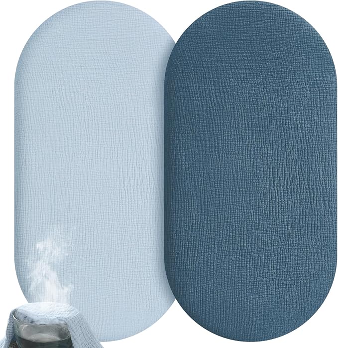 Muslin Bassinet Sheets Boy Girl, 100% Cotton Fitted Bassinet Sheet Set 2 Pack Bassinet Mattress Sheets Universal Fit for Rectangle, Round, Oval, Hourglass Mattress, Soft Breathable